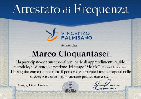 Attestato di frequenza MeMo intestato a Marco Cinquantasei, Bari, 19 dicembre 2022